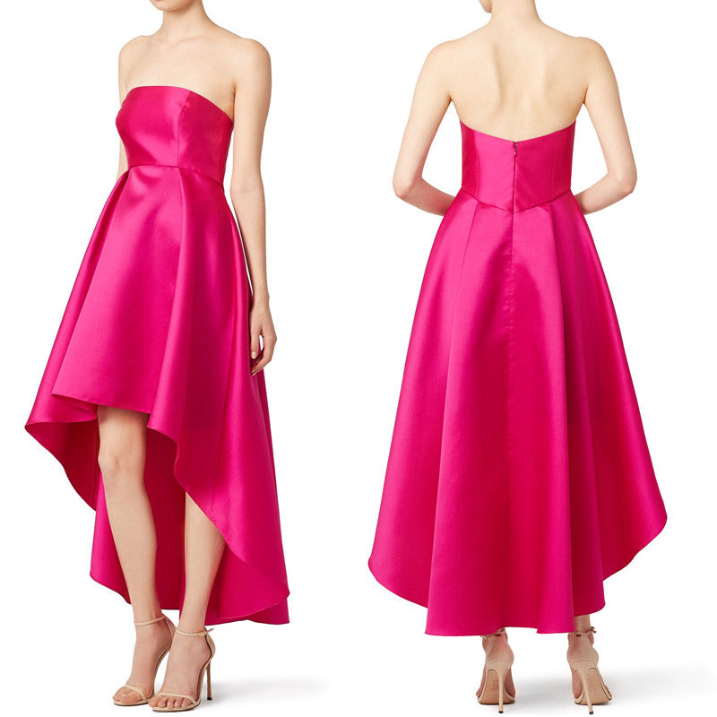 MACloth Trägerloses Satin Hi-lo Ballkleid Fuchsia Cocktailkleid