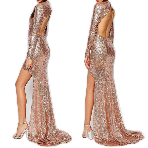 MACloth Long Sleeves Sequin Hi-Lo Prom Dress Rose Gold Evening Formal Gown