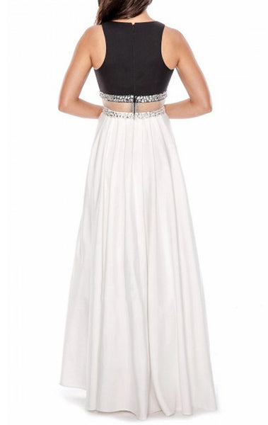 MACloth Two Piece Long Prom Dress Black White Satin Formal Evening Gown