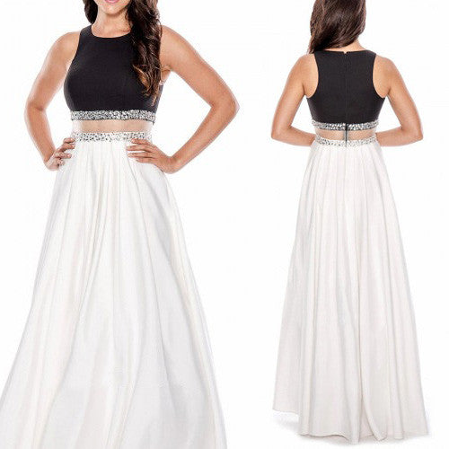 MACloth Two Piece Long Prom Dress Black White Satin Formal Evening Gown