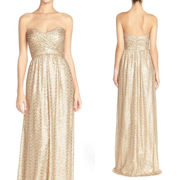 MACloth Strapless Sweetheart Sequin Long Bridesmaid Dress Gold Evening Gown