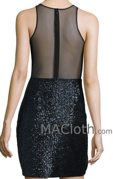 MACloth Women Straps Cut out Sequin Black Mini Cocktail Dress Formal Evening Gown