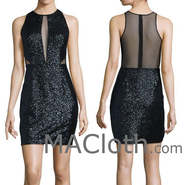 MACloth Women Straps Cut out Sequin Black Mini Cocktail Dress Formal Evening Gown