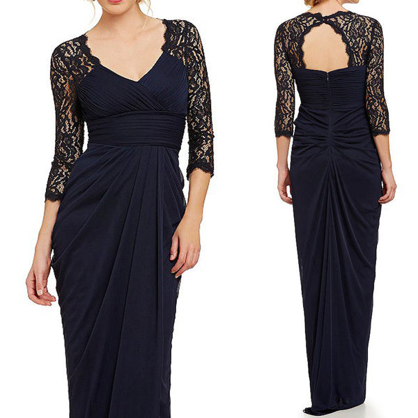 MACloth Half Sleeves Mother of the Brides Dress Dark Navy Evening Gown