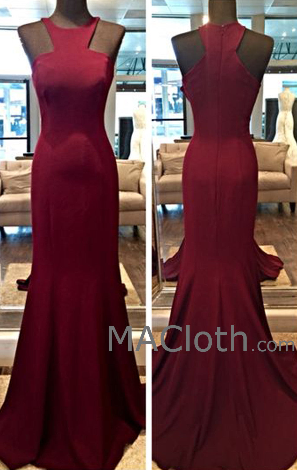 MACloth Straps O Neck Jersey Burgundy Prom Dress Evening Gown Wedding Party Formal Gown with Train