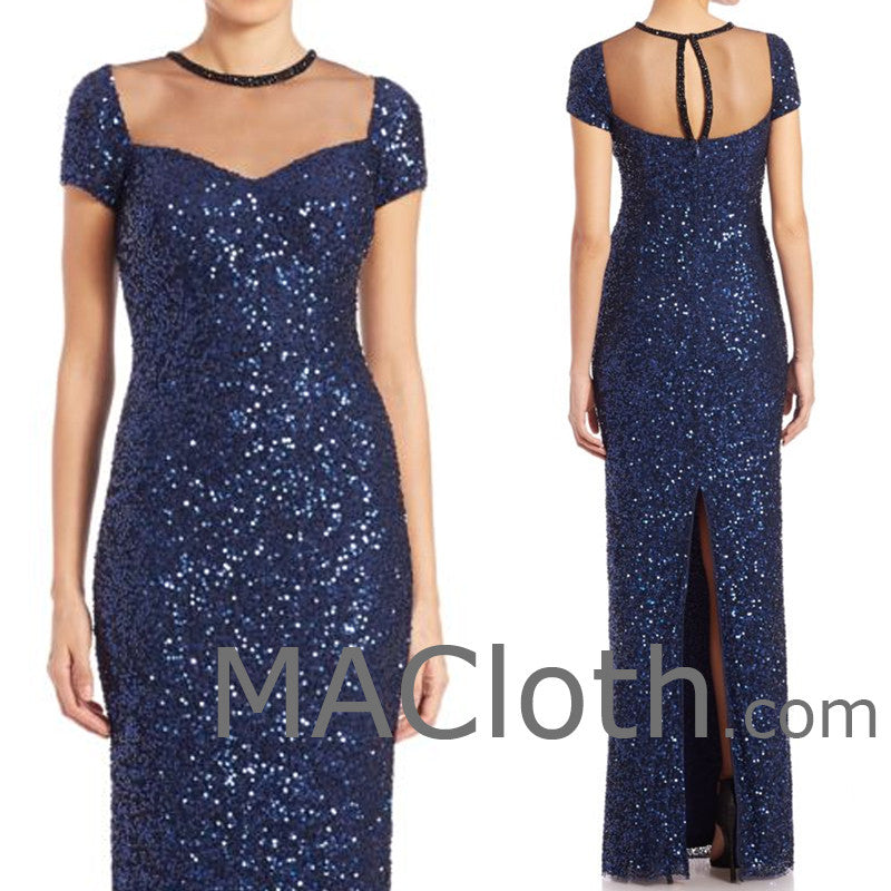 MACloth Damen Abendkleid mit Flügelärmeln und Pailletten in Dunkelmarineblau