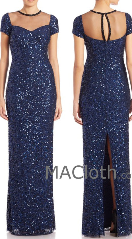 MACloth Women Cap Sleeves Sequin Dark Navy Long Bridesmaid Dress Evening Gown