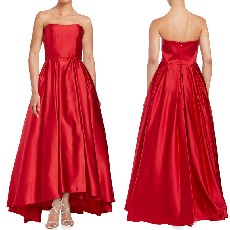 MACloth Strapless Ball Gown Satin Hi-Lo Prom Dress Red Formal Gown