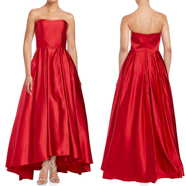 MACloth Strapless Ball Gown Satin Hi-Lo Prom Dress Red Formal Gown