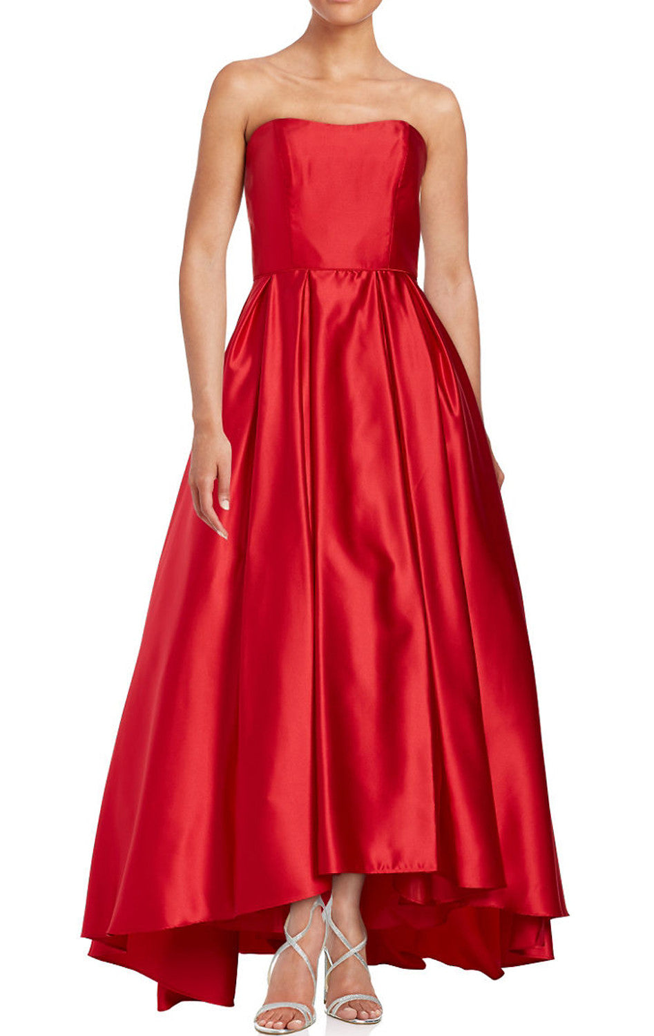 MACloth Strapless Ball Gown Satin Hi-Lo Prom Dress Red Formal Gown