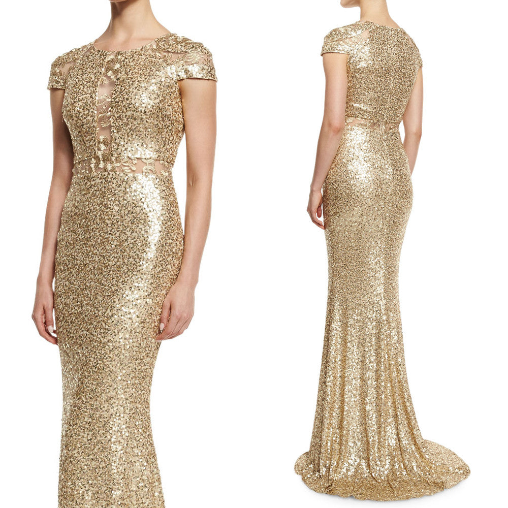 MACloth Langes Abendkleid mit Flügelärmeln und Pailletten in Gold Langes Kleid für die Brautmutter