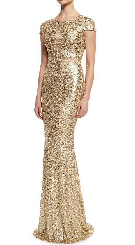 MACloth Cap Sleeves Sequin Gold Long Evening Gown Long Mother of the Brides Dress