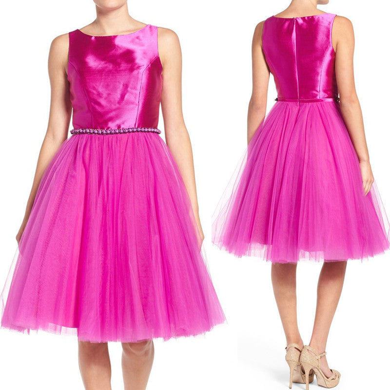 MACloth Träger Taft Tüll Kurzes Ballkleid Fuchsia Homecoming Abendkleid