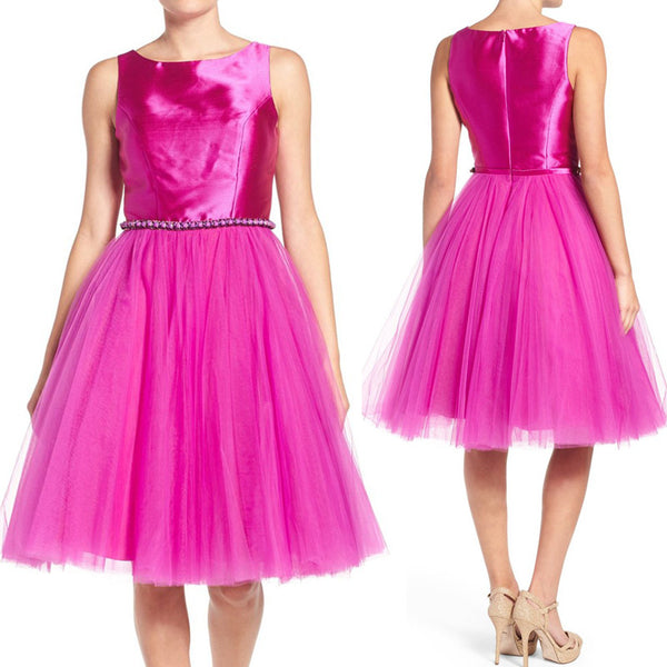 MACloth Straps Taffeta Tulle Short Prom Dress Fuchsia Homecoming Formal Gown