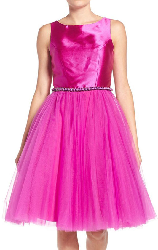 Vestido de fiesta corto de tul y tafetán con tirantes MACloth en color fucsia