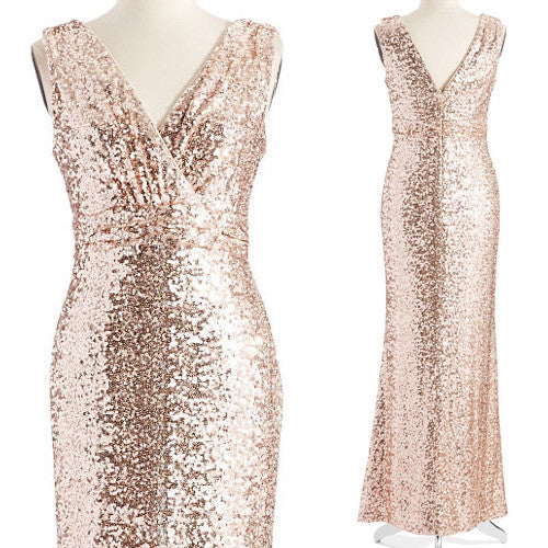 MACloth Straps V Neck Sequin Bridesmaid Dress Rose Gold Formal Evening Gown Custom Color / Floor Length / US2 MACloth Straps V Neck Sequin Bridesmaid Dress Rose Gold Formal Evening Gown Custom Color / Floor Length / US2