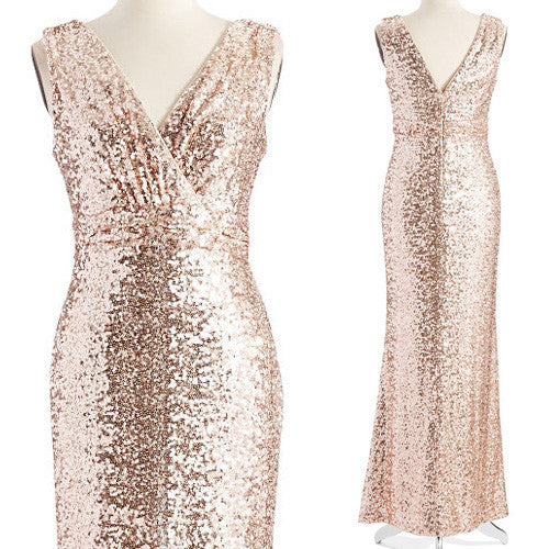 MACloth Straps V Neck Sequin Bridesmaid Dress Rose Gold Formal Evening Gown
