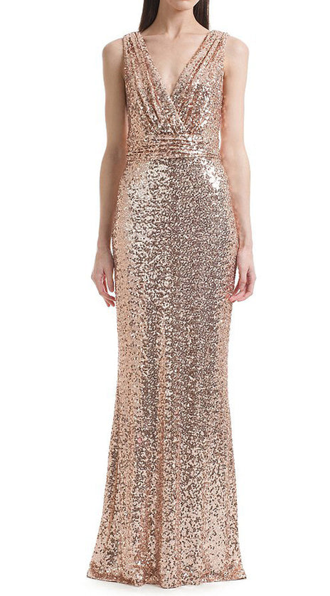 MACloth Straps V Neck Sequin Bridesmaid Dress Rose Gold Formal Evening Gown