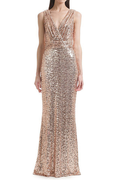 MACloth Straps V Neck Sequin Bridesmaid Dress Rose Gold Formal Evening Gown