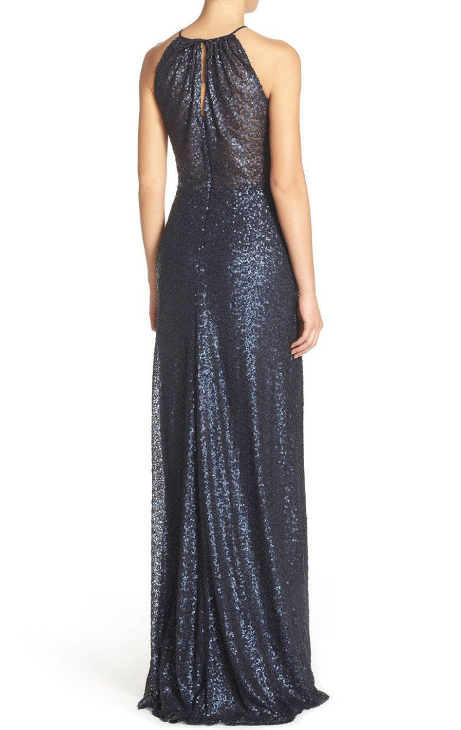 Vestido de dama de honor largo con cuello halter y lentejuelas de MACloth, vestido de noche formal azul marino oscuro