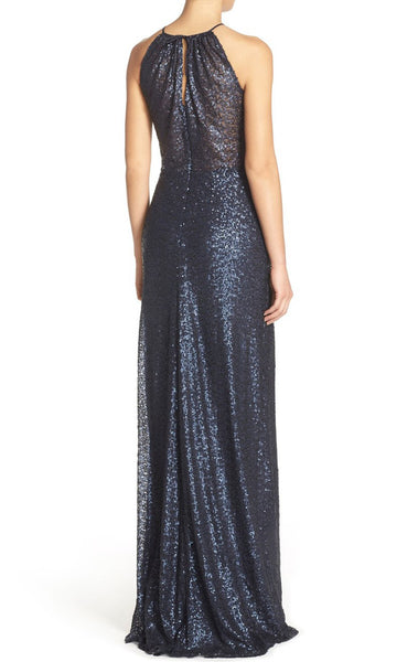 MACloth Halter Sequin Long Bridesmaid Dress Dark Navy Formal Evening Gown
