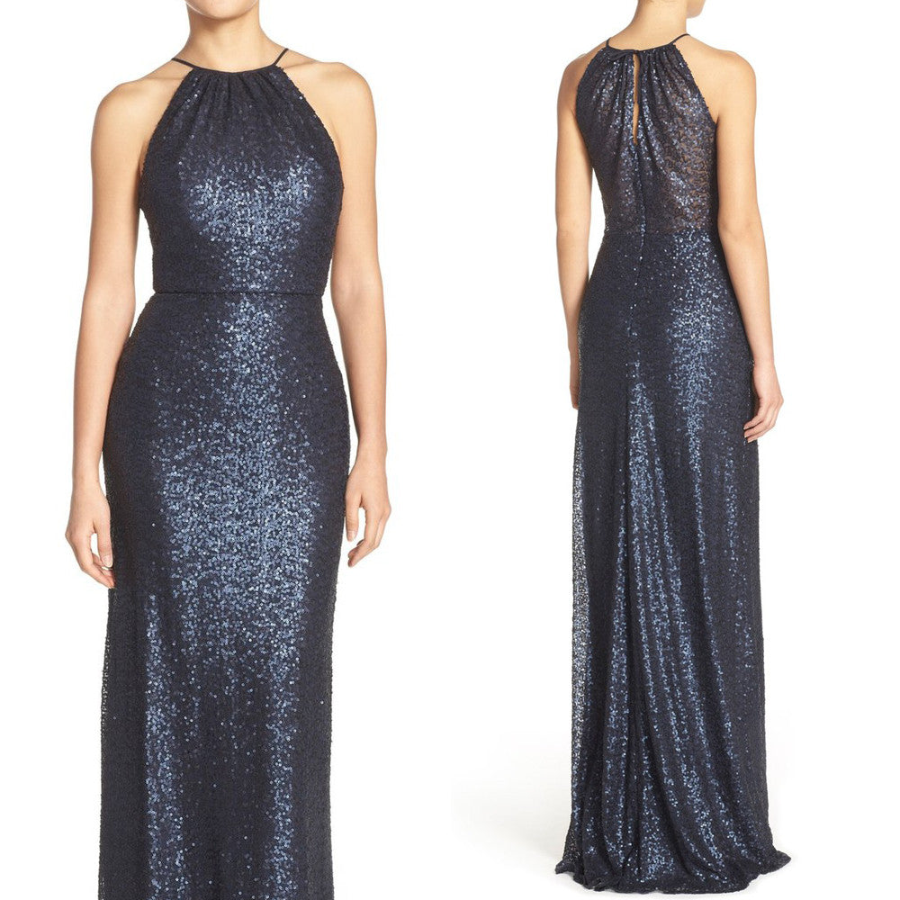 Vestido de dama de honor largo con cuello halter y lentejuelas de MACloth, vestido de noche formal azul marino oscuro