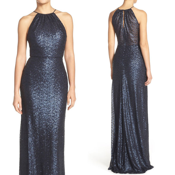 MACloth Halter Sequin Long Bridesmaid Dress Dark Navy Formal Evening Gown