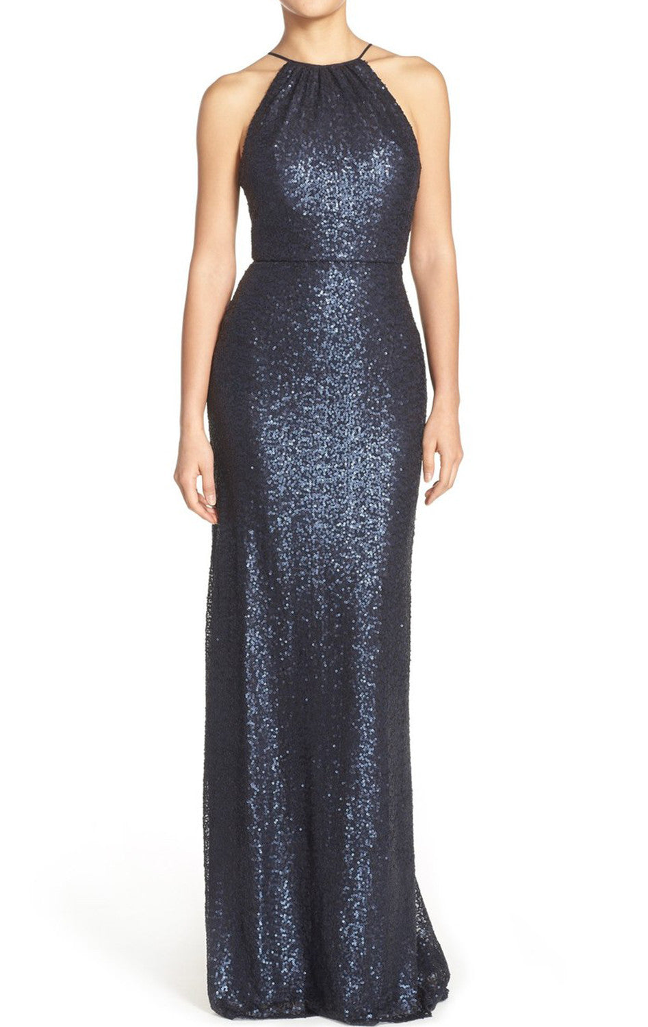 Vestido de dama de honor largo con cuello halter y lentejuelas de MACloth, vestido de noche formal azul marino oscuro