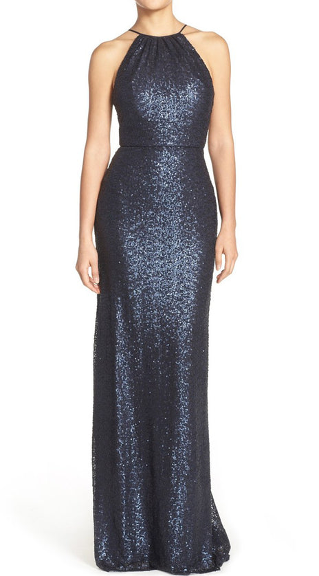 MACloth Halter Sequin Long Bridesmaid Dress Dark Navy Formal Evening Gown