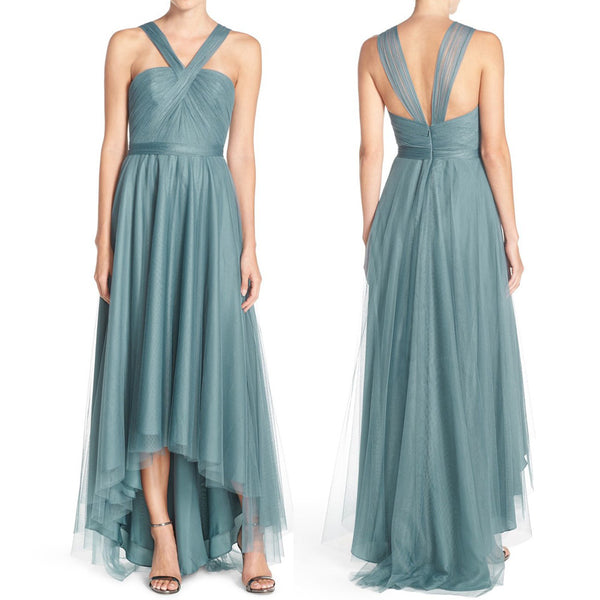 MACloth Straps Tulle Hi-Lo Bridesmaid Dress Turquoise Prom Dress