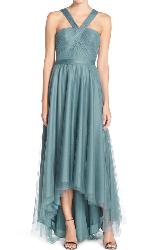 Vestido de dama de honor con tirantes MACloth de tul, largo hasta la rodilla, color turquesa