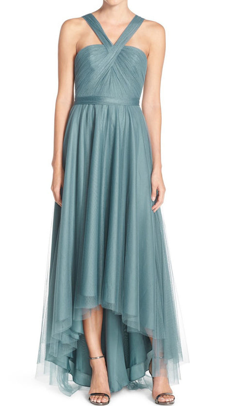 MACloth Straps Tulle Hi-Lo Bridesmaid Dress Turquoise Prom Dress