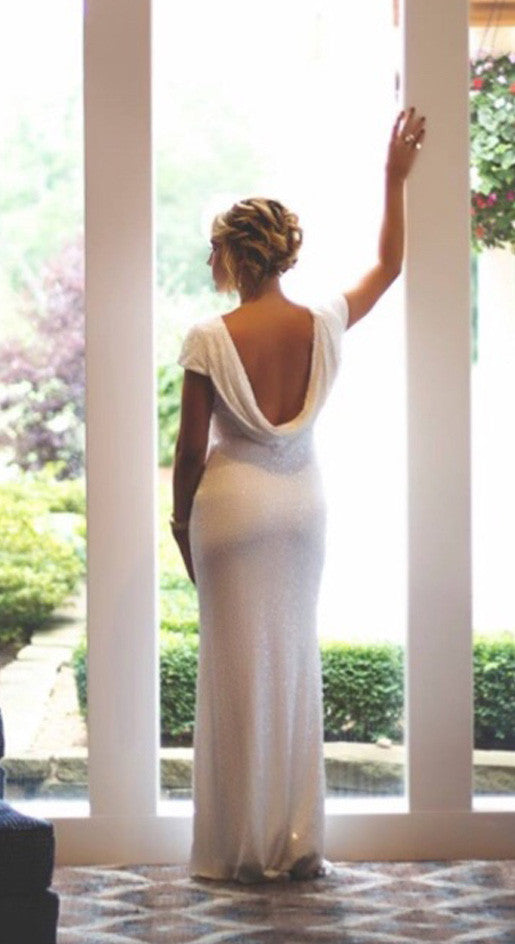 Vestido de noche largo con lentejuelas y mangas cortas de MACloth, vestido de dama de honor azul marino oscuro