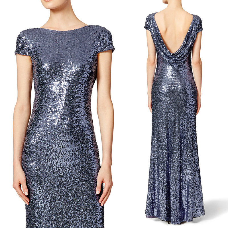 Vestido de noche largo con lentejuelas y mangas cortas de MACloth, vestido de dama de honor azul marino oscuro