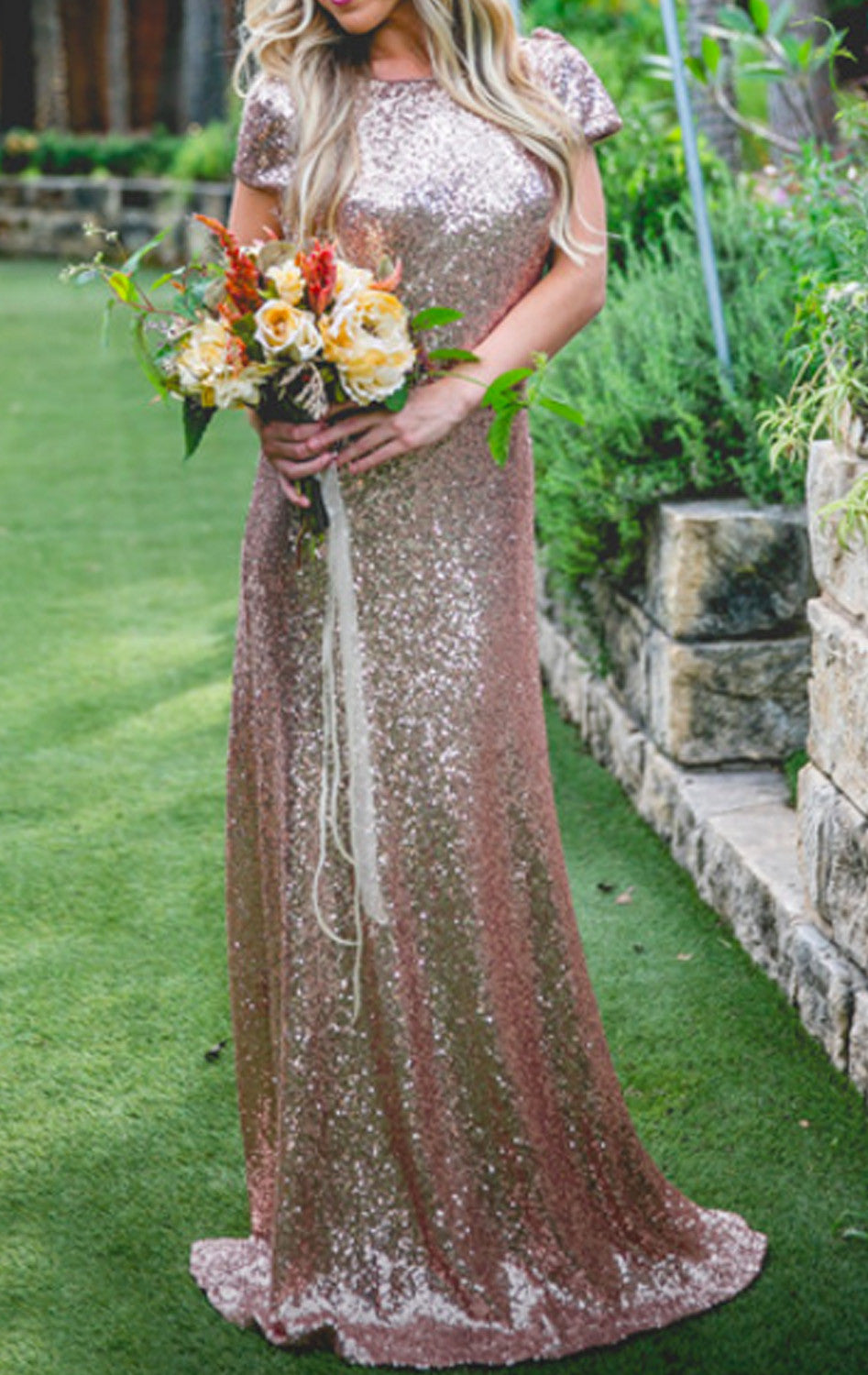 Vestido de noche largo con lentejuelas y mangas cortas de MACloth, vestido de dama de honor azul marino oscuro