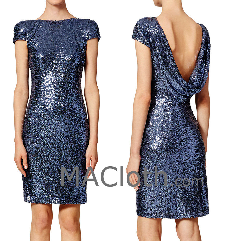 MACloth Cap Sleeves Short Sequin Dark Navy Bridesmaid Dress Cocktail Formal Gown