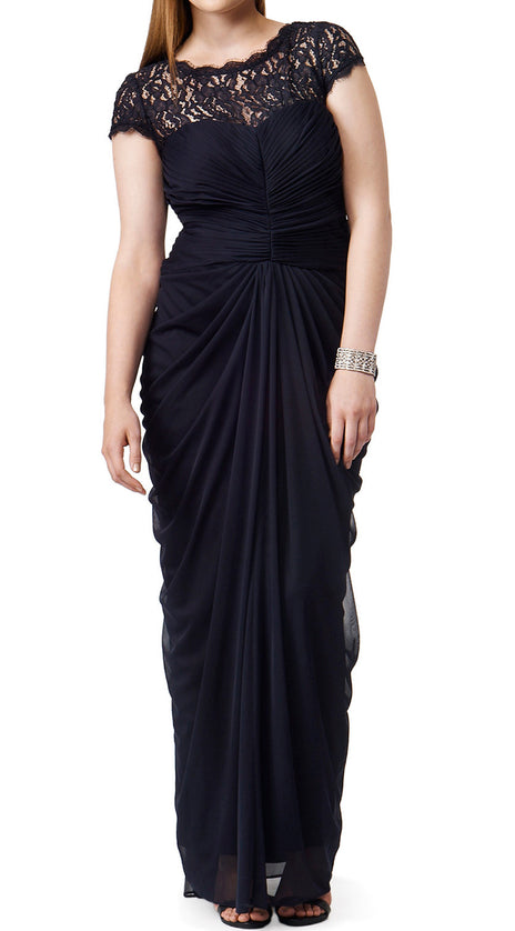 MACloth Cap Sleeves Lace Chiffon Long Evening Gown Black Mother of the Brides Dress