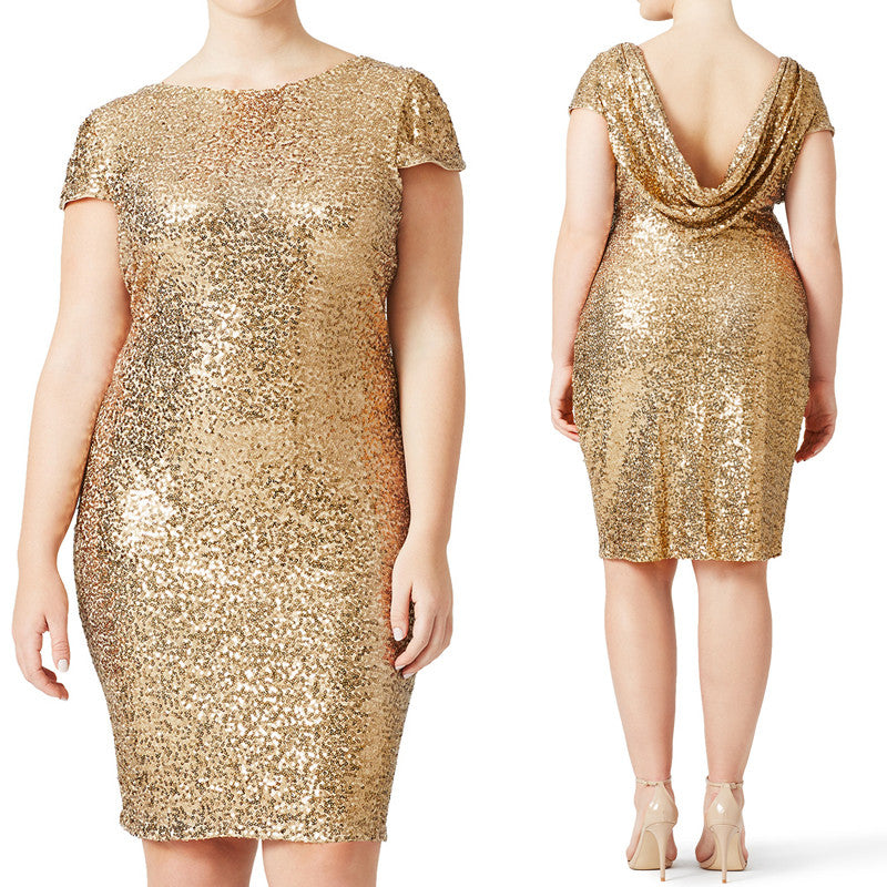 MACloth Cap Sleeves Sequin Short Bridesmaid Dress Gold Cocktail Formal Gown