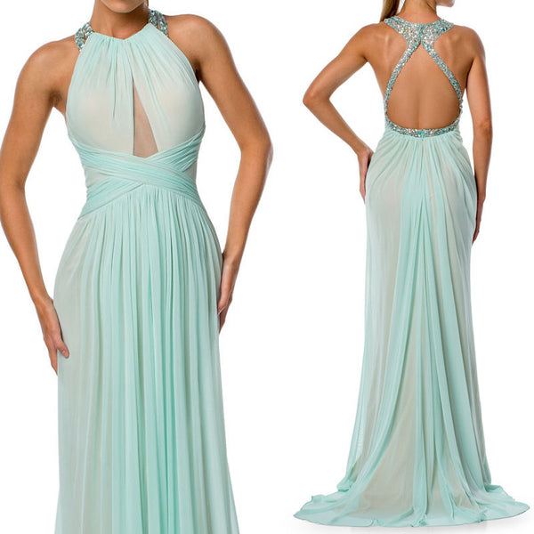 MACloth Halter Crystals Chiffon Long Prom Dress Aqua Formal Evening Gown