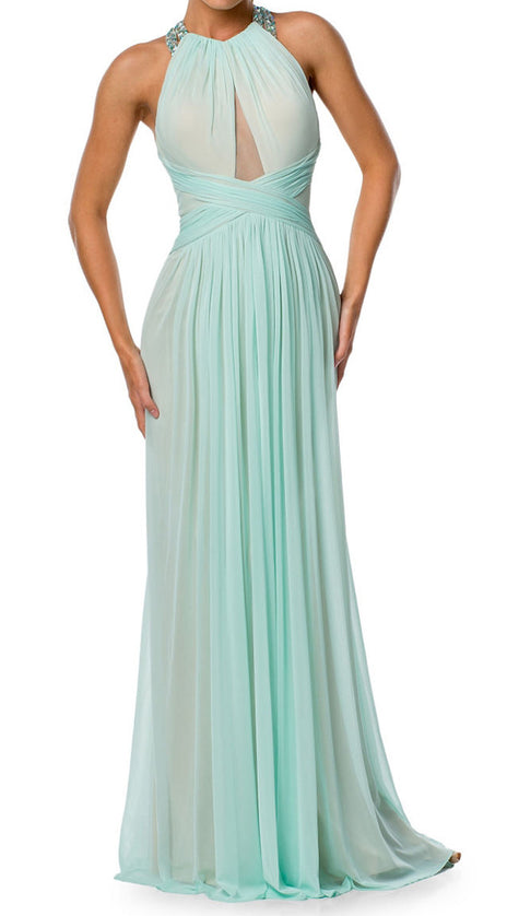 MACloth Halter Crystals Chiffon Long Prom Dress Aqua Formal Evening Gown