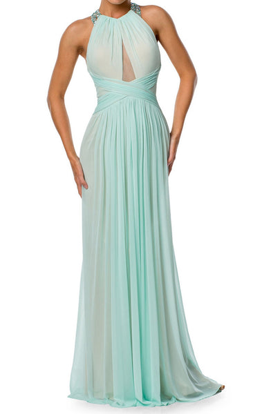 MACloth Halter Crystals Chiffon Long Prom Dress Aqua Formal Evening Gown