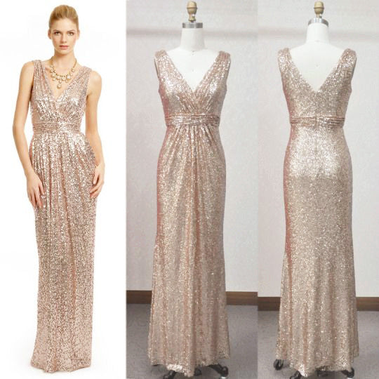 MACloth Straps V Neck Sequin Gold Long Bridesmaid Dress Plus Size Formal Evening Gown