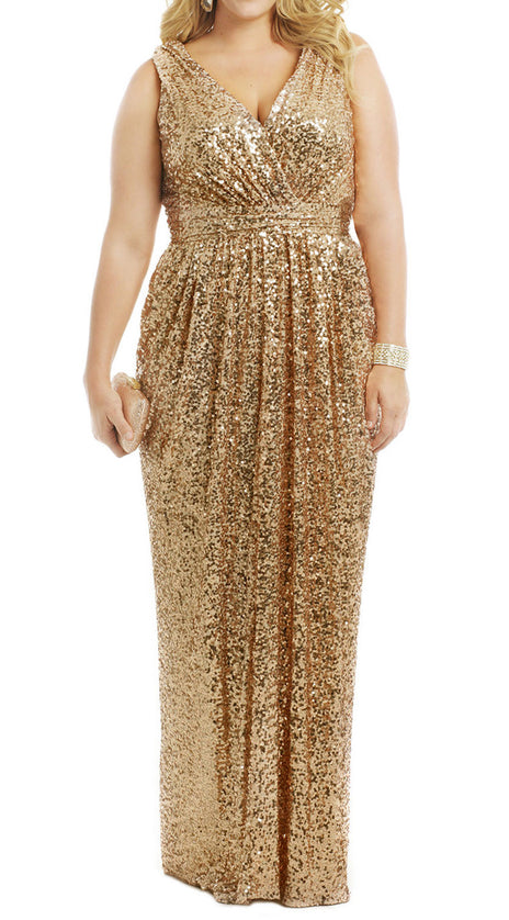 MACloth Straps V Neck Sequin Gold Long Bridesmaid Dress Plus Size Formal Evening Gown