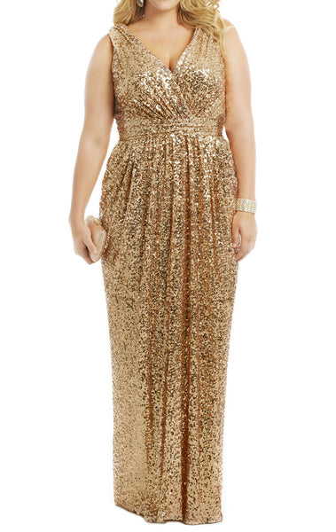 MACloth Straps V Neck Sequin Gold Long Bridesmaid Dress Plus Size Formal Evening Gown