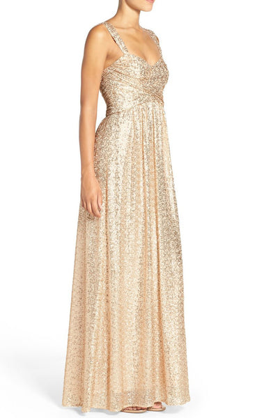 MACloth Straps Sweetheart Sequin Long Bridesmaid Dress Rose Gold Prom Gown