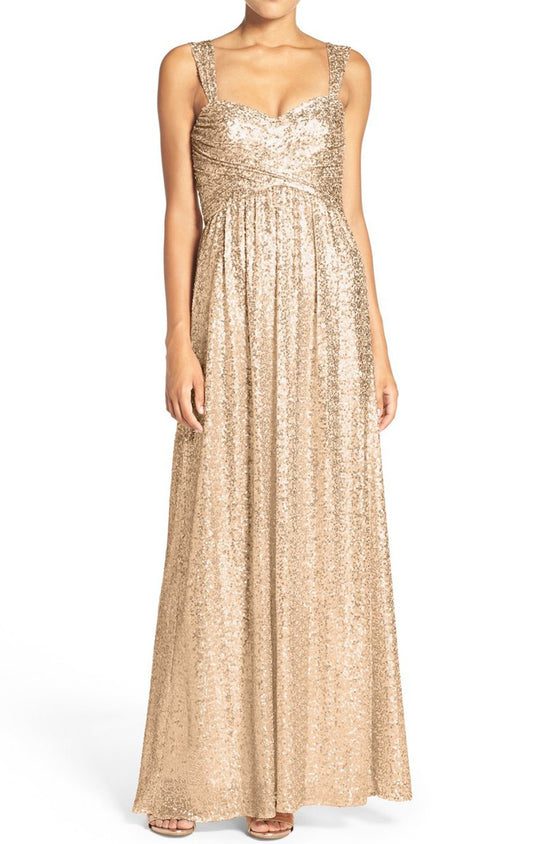 MACloth Träger Sweetheart Pailletten Langes Brautjungfernkleid Roségold Ballkleid