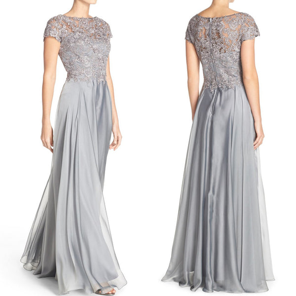 MACloth Cap Sleeves Lace Chiffon Long Evening Gown Silver Mother of the Brides Dress
