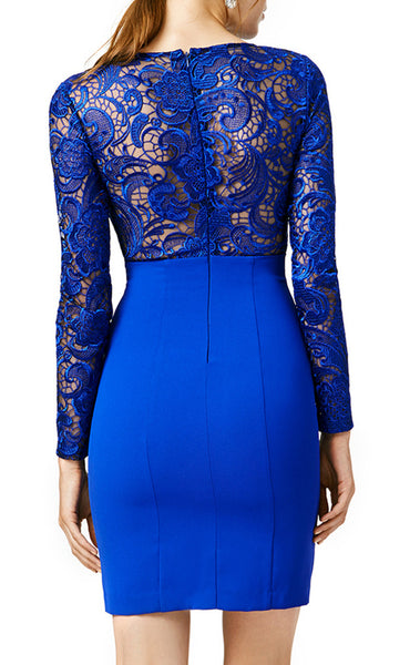 MACloth Long Sleeves Lace Jersey Cocktail Dress Royal Blue Party Dress