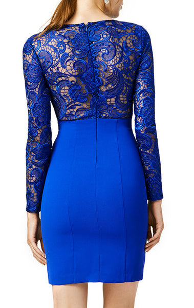 MACloth Long Sleeves Lace Jersey Cocktail Dress Royal Blue Party Dress