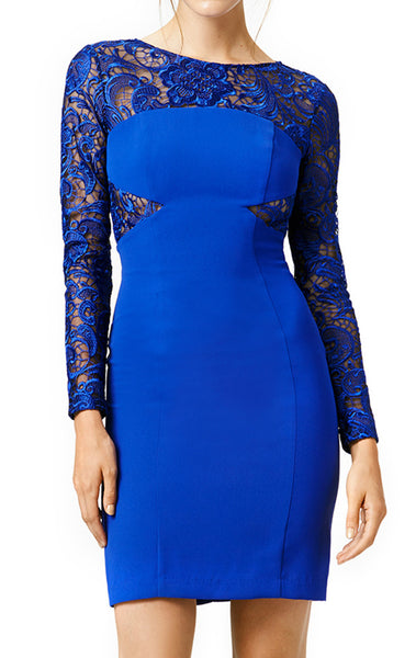 MACloth Long Sleeves Lace Jersey Cocktail Dress Royal Blue Party Dress